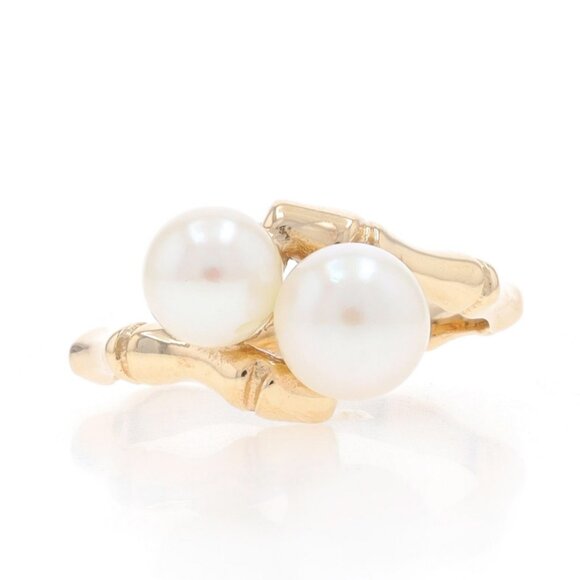 Yellow Gold Akoya Pearl Two-Stone Bypass Ring - 14k Bamboo Size 7